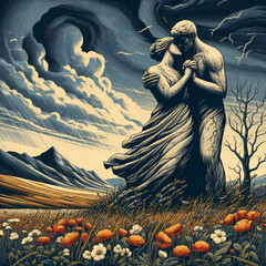 Old stone statue of two lovers, landscape field under a stormy sky, wuthering heights romantic story, austere romanticism