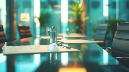 The image features a contemporary conference room with a focus on a table set for a meeting, bathed in natural sunlight