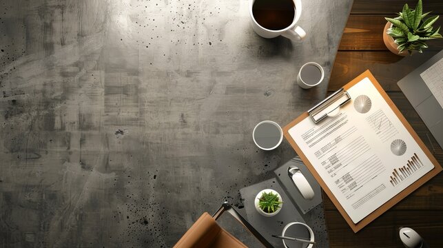 Top view of a stylish workspace featuring a cup of coffee, documents, and office supplies on a wooden desk with concrete texturing