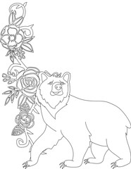 Bear and A Floral Vine Coloring Page. Printable Coloring Worksheet for Adults and Kids. Educational Resources for School and Preschool.