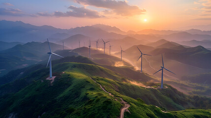 Wind farm on the top of a mountain in harmony with nature, ecology and green energy concept, renewable energy concept eco