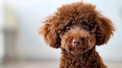 A brown poodle with curly hair looking at the camera.