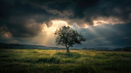 Dark Fantasy. Surreal Tree on Meadow Under the Enigmatic Sunset After the Summer Storm