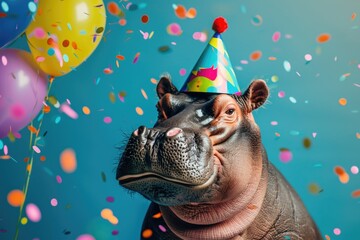 A funny hippo with a birthday hat, confetti and colorful balloons
