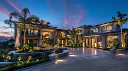 An opulent mansion exterior captured at dusk featuring illuminated windows, landscaped garden, and a dramatic sky