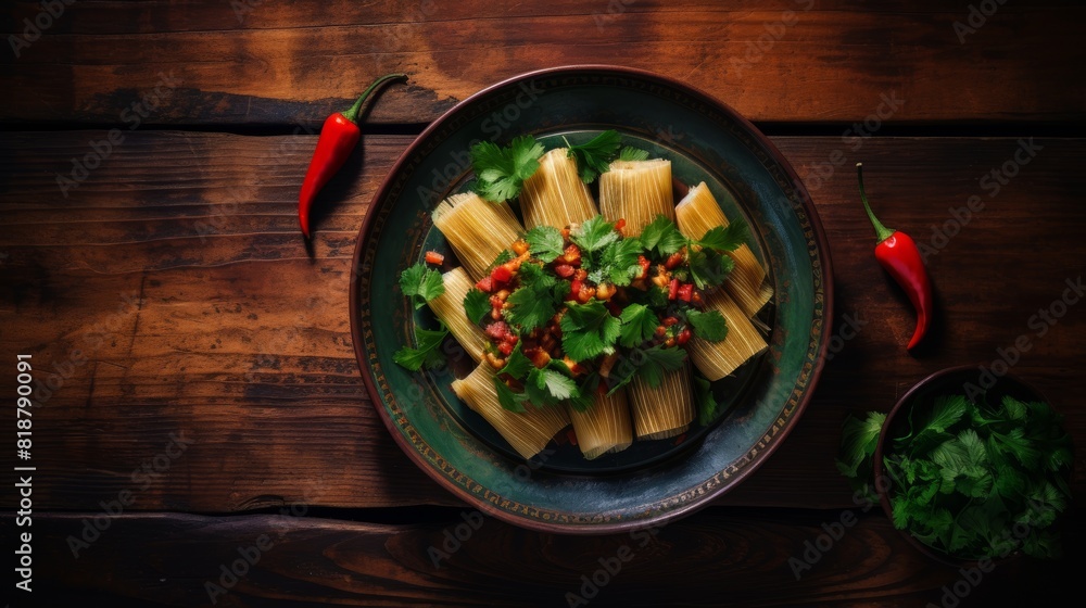 Sticker top view of delicious mexican tamales on a plate, served in a rustic setting on an old wooden table - Stickers