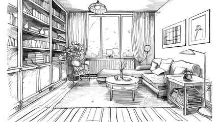 Freehand drawing of living room full of stylish comfo