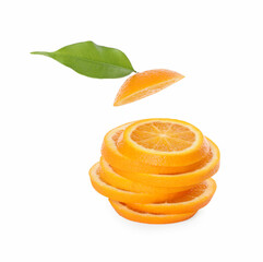 Slices of juicy orange and leaf isolated on white