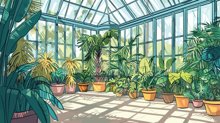 Freehand sketch of interior of greenhouse full of tro