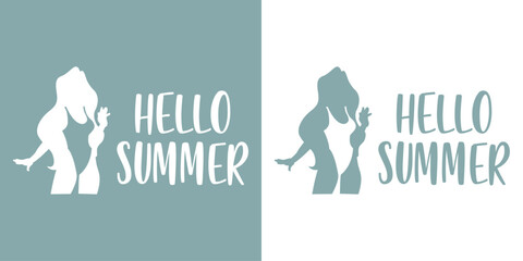 Logo vacaciones de verano. Texto manuscrito Hello Summer y silueta de mujer de pie saludando con traje de baño en espacio negativo © teracreonte