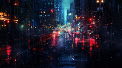 This image captures a bustling city street at night under a downpour, highlighted by gleaming neon and street lights reflecting on wet surfaces