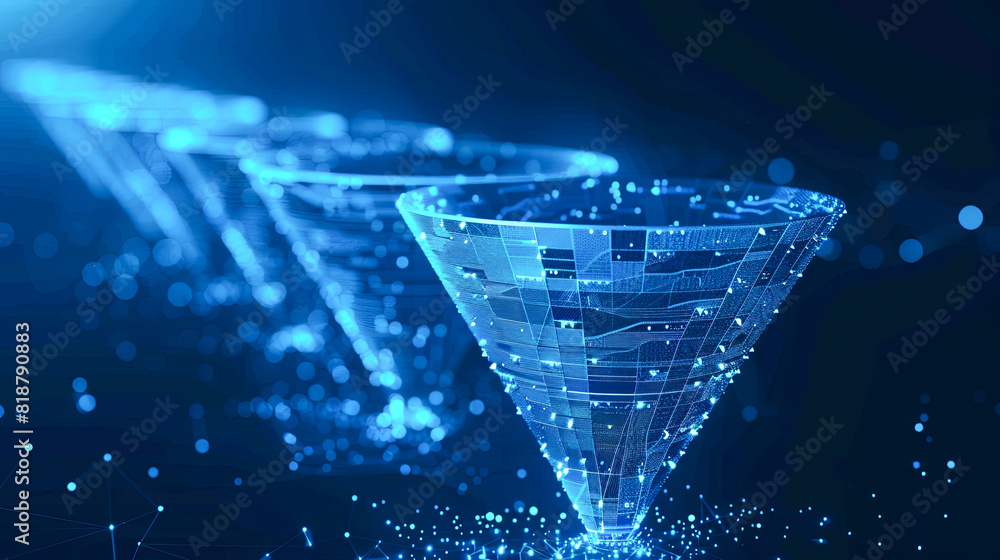 Poster abstract 3d rendering of funnel. futuristic technology style background.