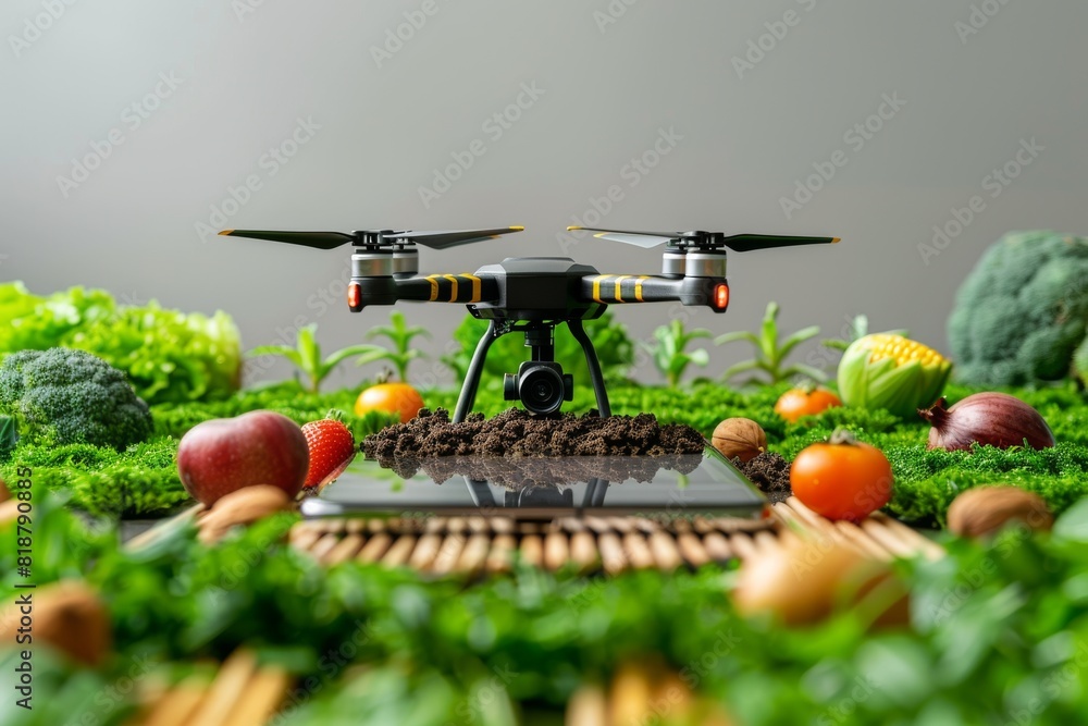 Poster modern drone technology for smart agricultural field monitoring, featuring advanced farming applicat