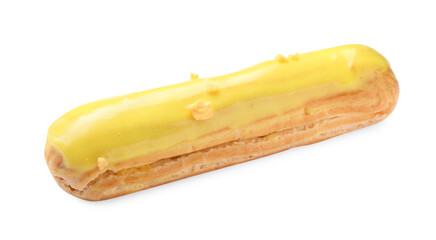 Delicious eclair covered with yellow glaze isolated on white