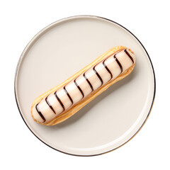 Delicious eclair covered with glaze isolated on white, top view