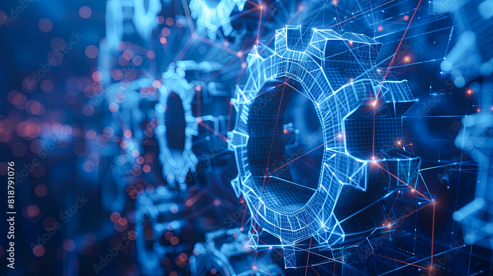 Poster abstract settings gear mechanism on blue background. 3d rendering toned image double exposure