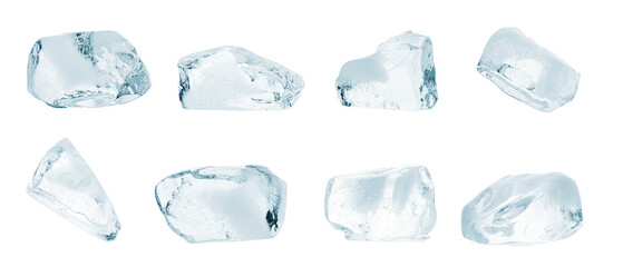 Crystal clear pieces of ice isolated on white, set