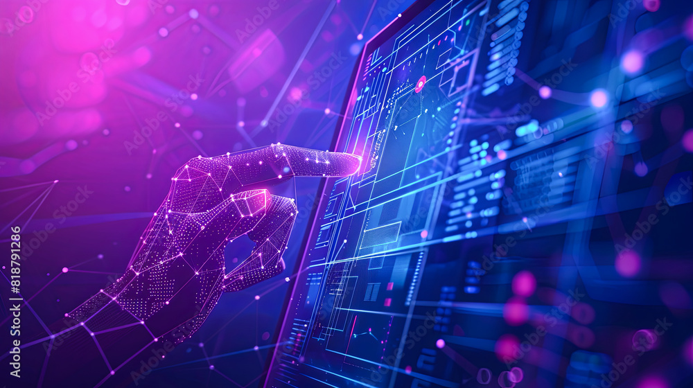 Poster 3d rendering of human hand touching virtual screen with digital binary code