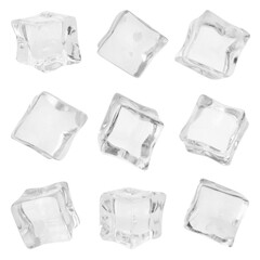 Crystal clear ice cubes isolated on white, set