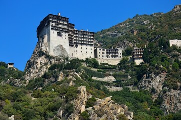 Simonopetra Monastery perched on a picturesque mountain slope in Mount Athos, Greece