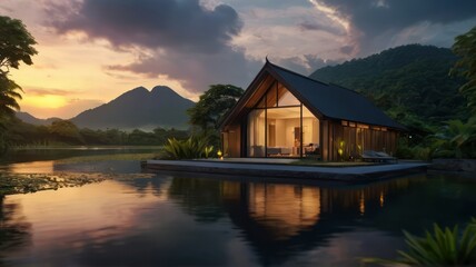 Fototapeta premium a house in the middle of a lake