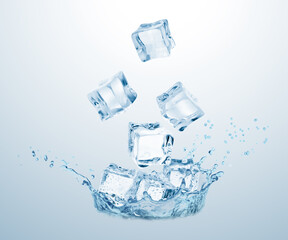 Ice cubes falling into water on light blue gradient background