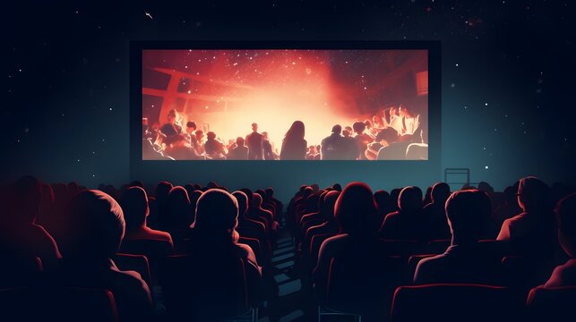 Group of people watching a movie on the big screen in a cinema hall. Generative AI. - Powered by Adobe