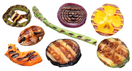 Different grilled vegetables isolated on white, set