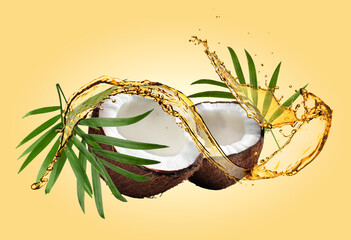 Coconut, palm leaves and splash of cooking oil on beige background