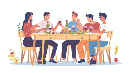 Friends gathering at dining table with wine and food.