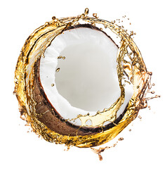 Coconut and splash of cooking oil on white background