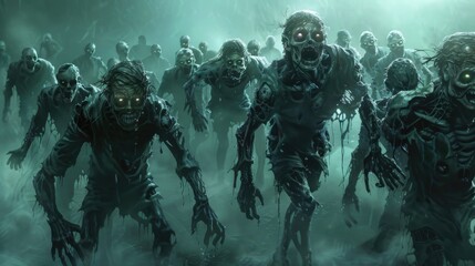 A group of many fierce zombies prepared to attack. Herd of zombies. Group of zombies