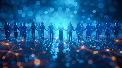Silhouettes of people with glowing network connection. 3D rendering