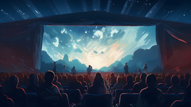 Group of people watching a movie on the big screen in a cinema hall. Generative AI.