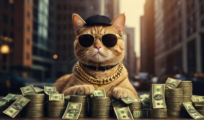 Cool rich gangster boss cat hipster with sunglasses, hat, headphones, gold chain and money dollars....