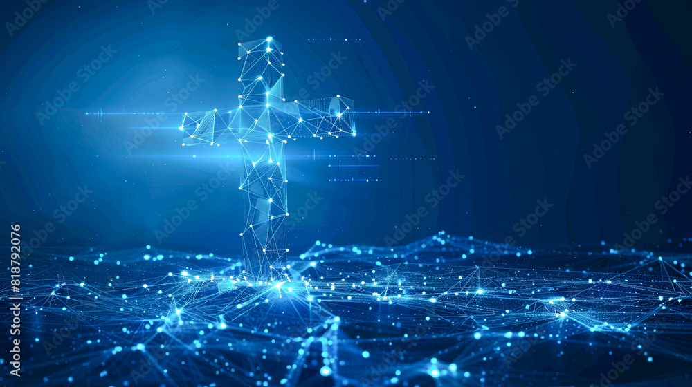 Poster abstract polygonal figure on blue background with connection lines and dots