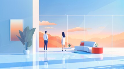 Obraz premium In this tranquil and modern space, two silhouetted figures stand by large windows admiring the stunning sunset