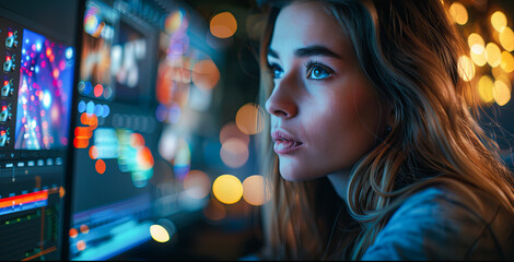 Young woman looking at the monitor with stock market charts in the background
