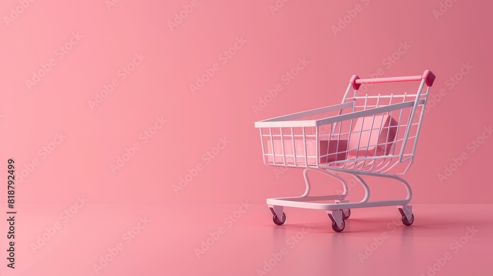 Poster a minimalist image showcasing a white shopping cart with red handles on a solid pink background