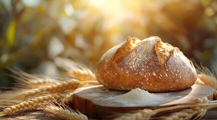 A rustic loaf of sourdough bread with a golden crust, sliced on an old wooden board 