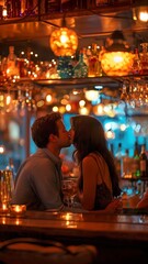 A couple making love at a restaurant's lit bar counter
