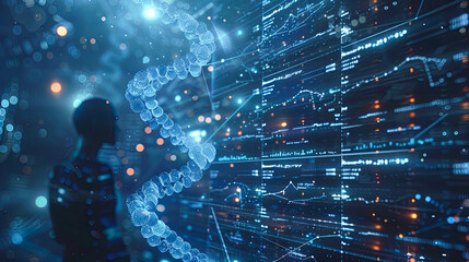 double exposure of DNA and man on blue background, science and medicine concept