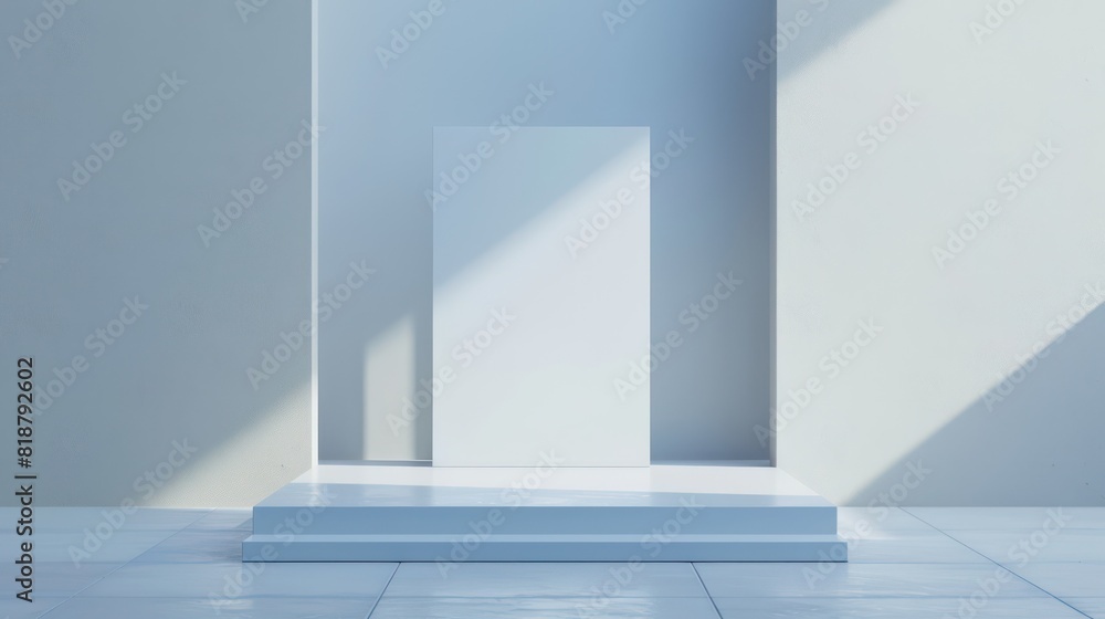 Poster a simple image featuring a minimalist white display with a blank backdrop, lit by natural sunlight c