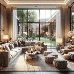 A living Room with a mockup poster empty white and with a large couch and a large coffee table art realistic art realistic has illustrative.