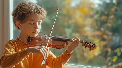 Practicing violin by the window at home, an elementary school boy