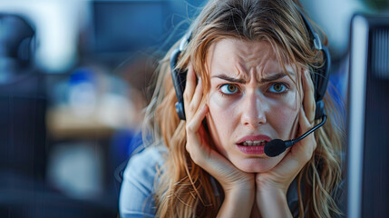 Portrait of upset female customer support operator with headset and computer.