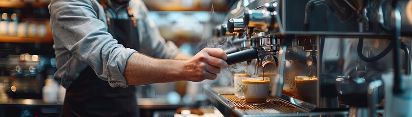 Barista preparing espresso coffee with professional machine in a cafe. Focused on milk frothing and coffee brewing process.