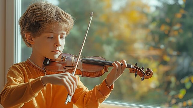 Practicing violin by the window at home, an elementary school boy - Powered by Adobe
