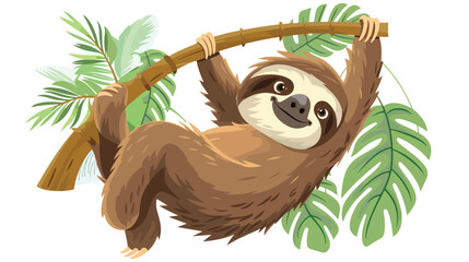 Funny happy sloth hanging from branch. Cute lazy wild