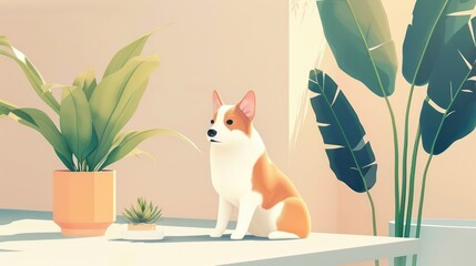A digital illustration of an adorable corgi dog sitting beside indoor plants in a room with modern aesthetics